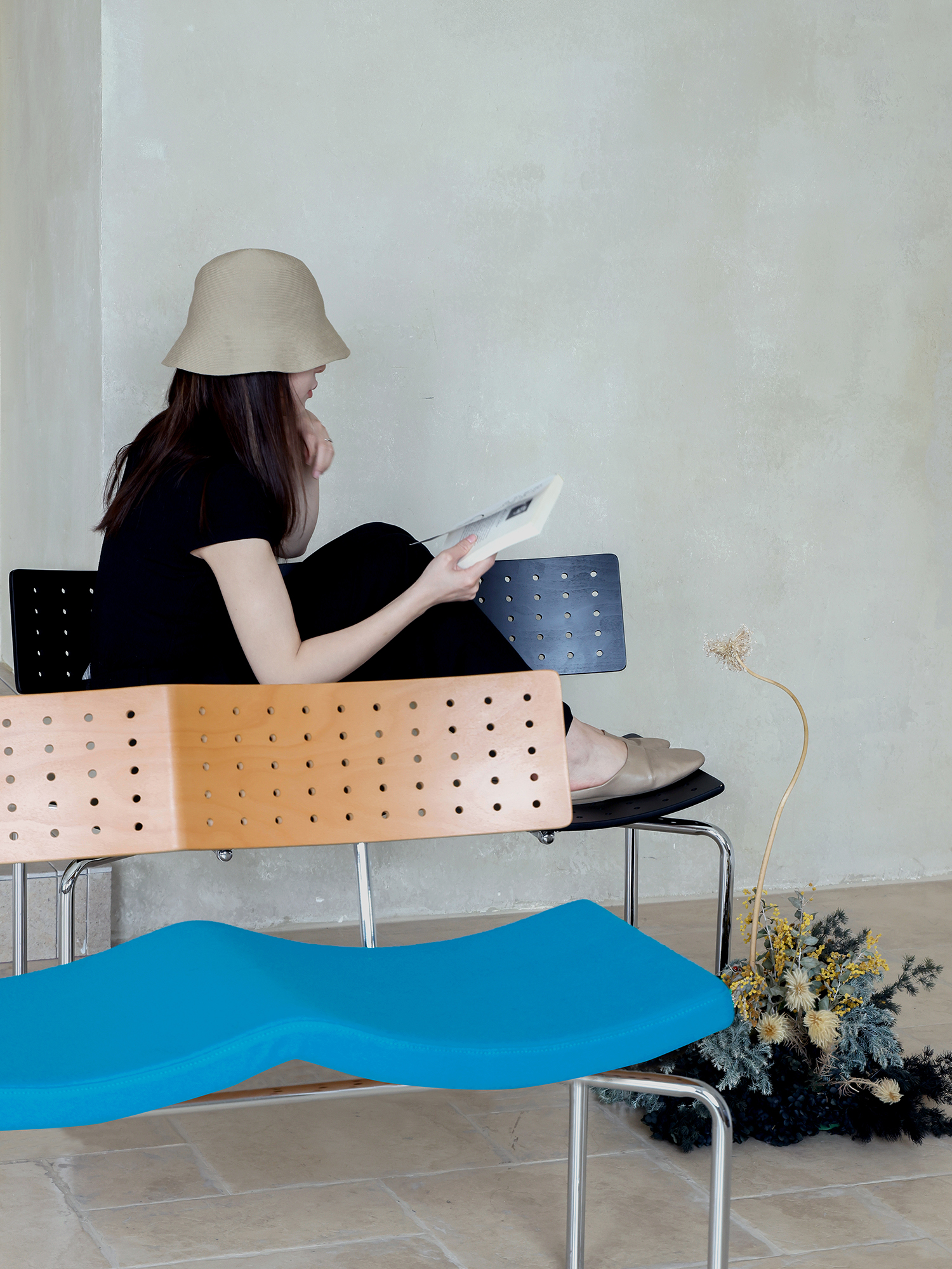 Flying bench 17 Flying Bench with blue seat in a residential interior