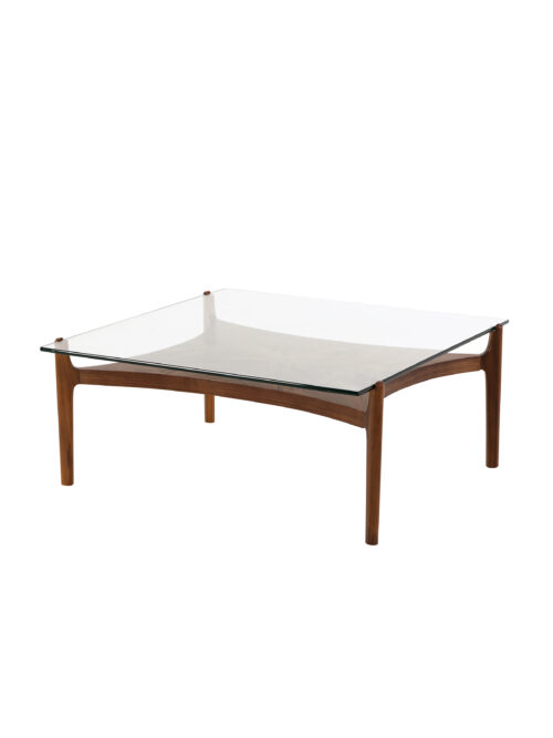 Dome teak glass coffee table with solid teak legs