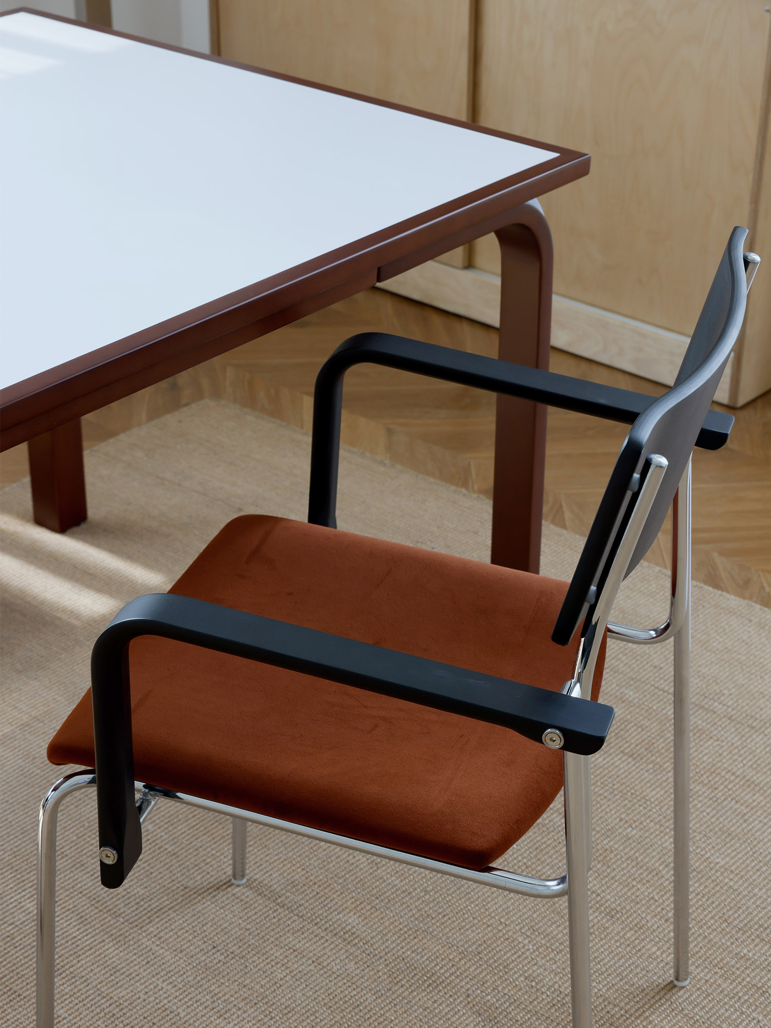 Knight chair 18 Knight dining chair with black frame beside wood table