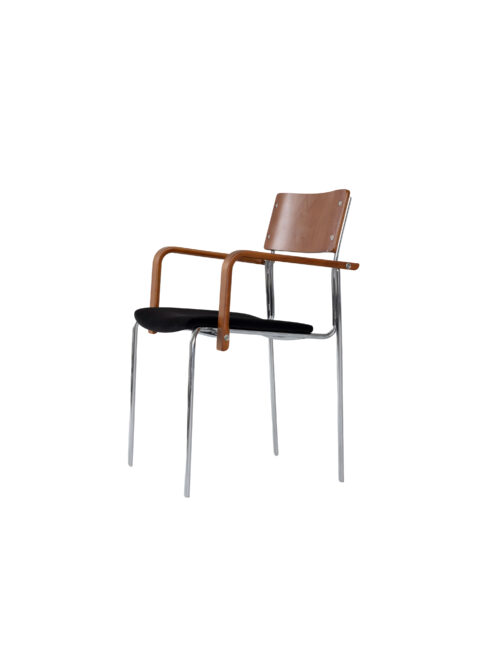 Knight Chair with vintage-tone wood arms and black velvet seat