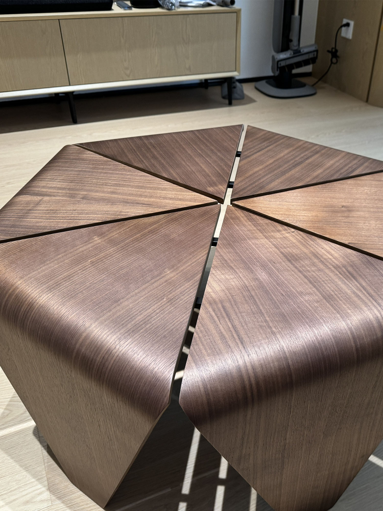 Lotus Leaf Coffee Tabe 18 Lotus Coffee Table wood veneer top in sunlit room