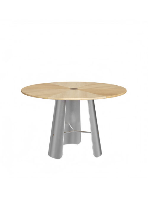 Monet parquet wood round dining table with steel pedestal