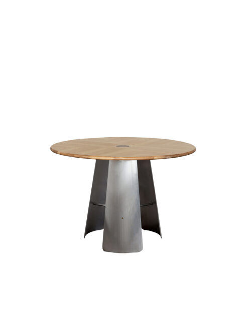 Monet round wood table with dark pedestal studio view