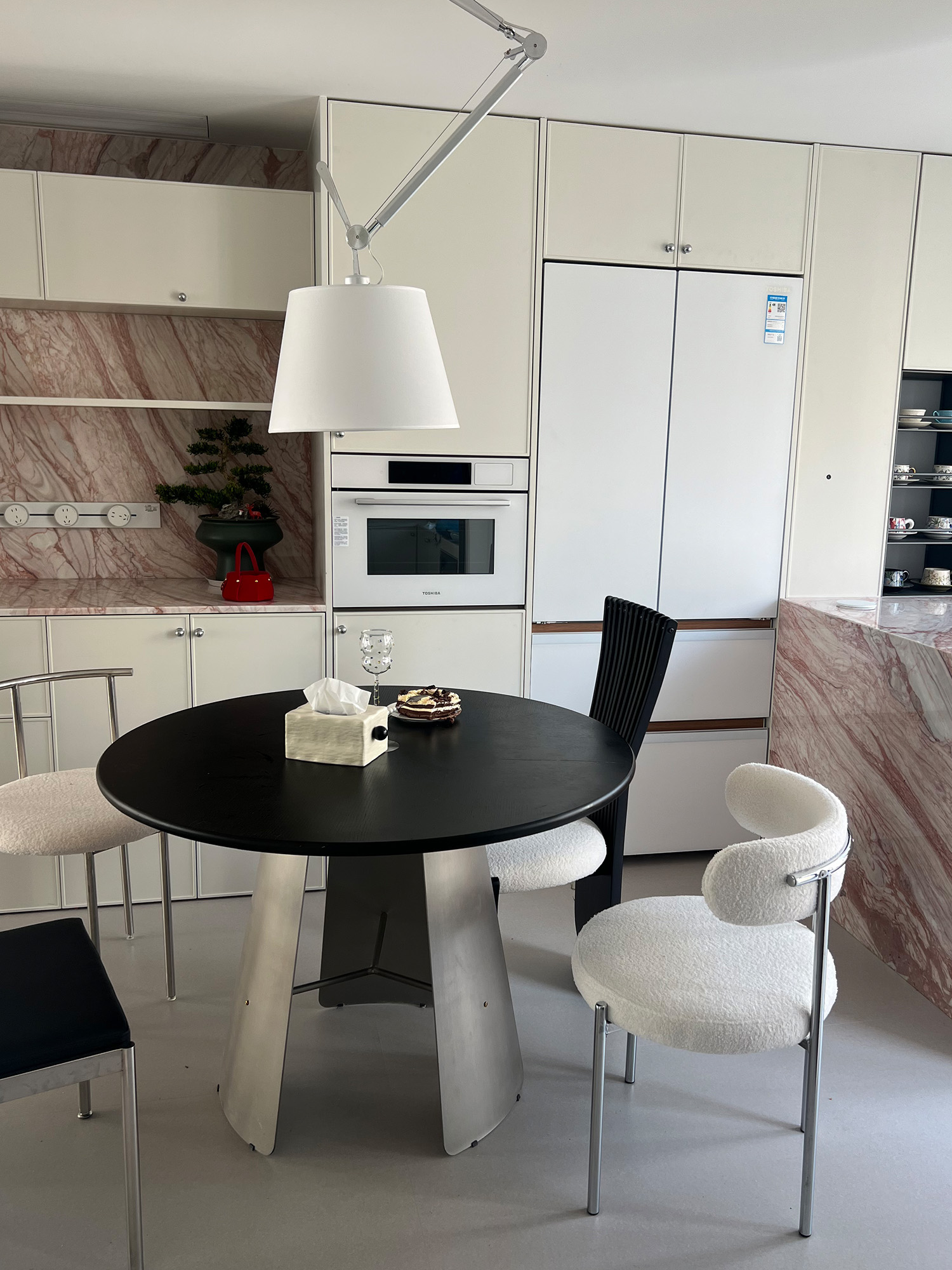 Monet Round Table-wood top 19 Monet black tabletop in bright kitchen interior