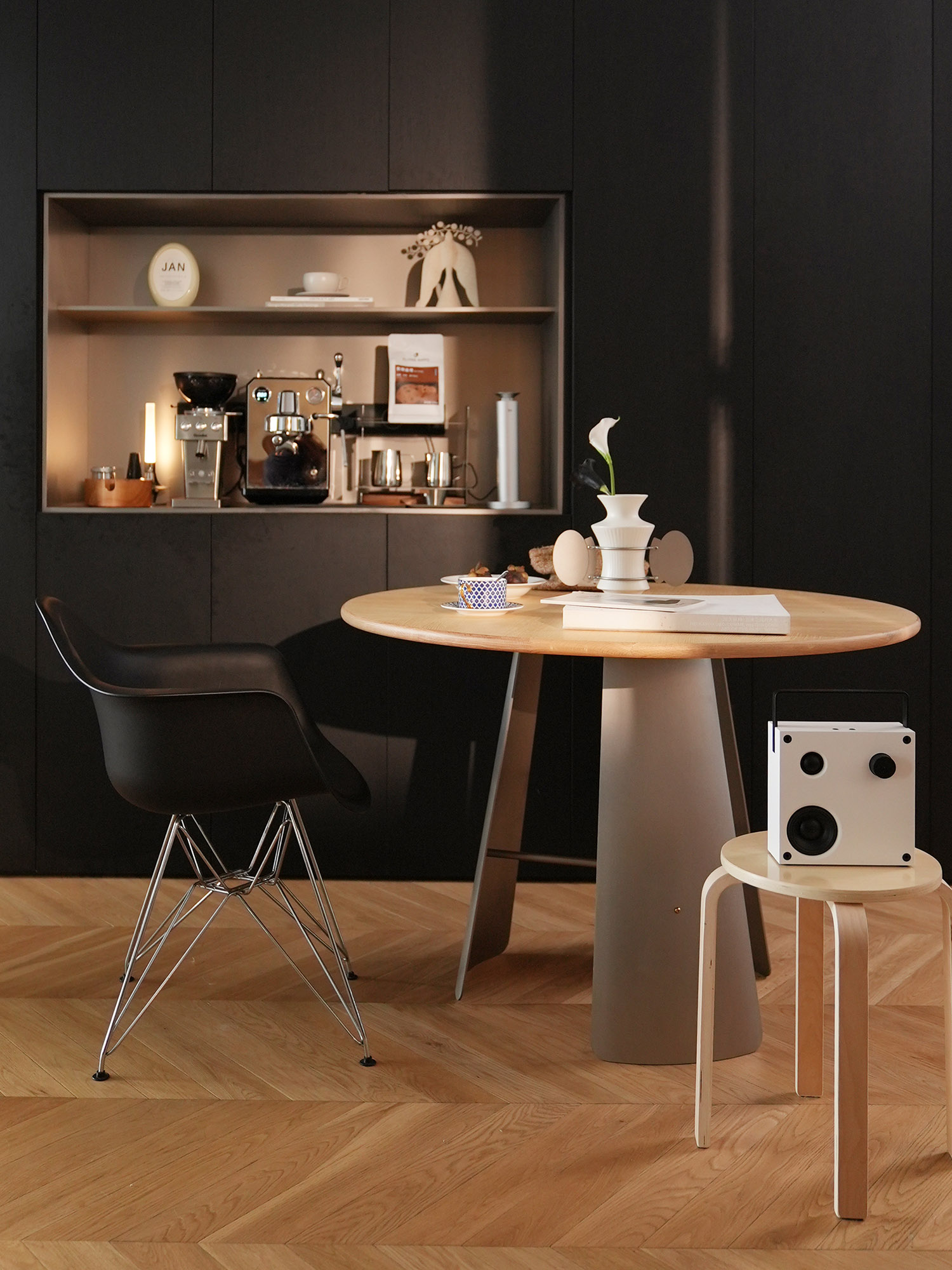 Monet Round Table-wood top 18 Monet wood round table in dark shelving interior