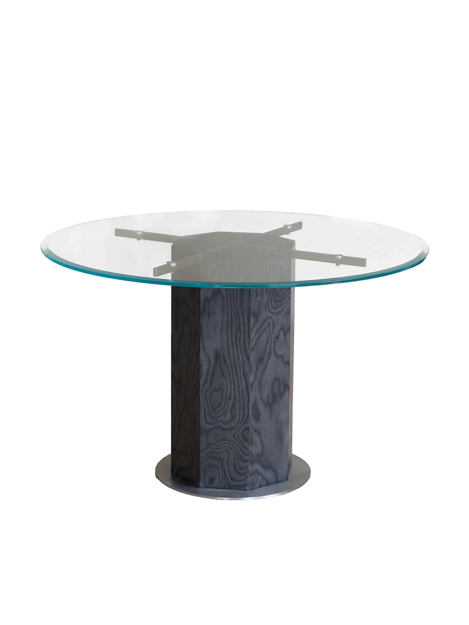 Ptolemy round table 15 Ptolemy glass table with dark veneer pedestal studio view