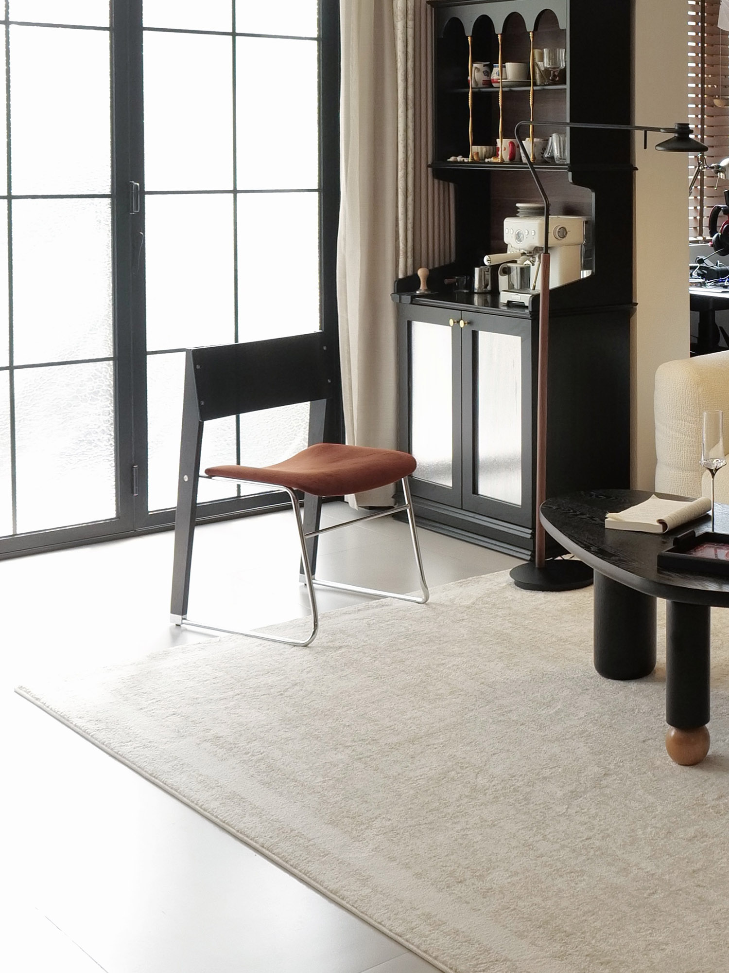 walk slowly chair 19 Walk Slowly Chair with rust velvet seat in a living room