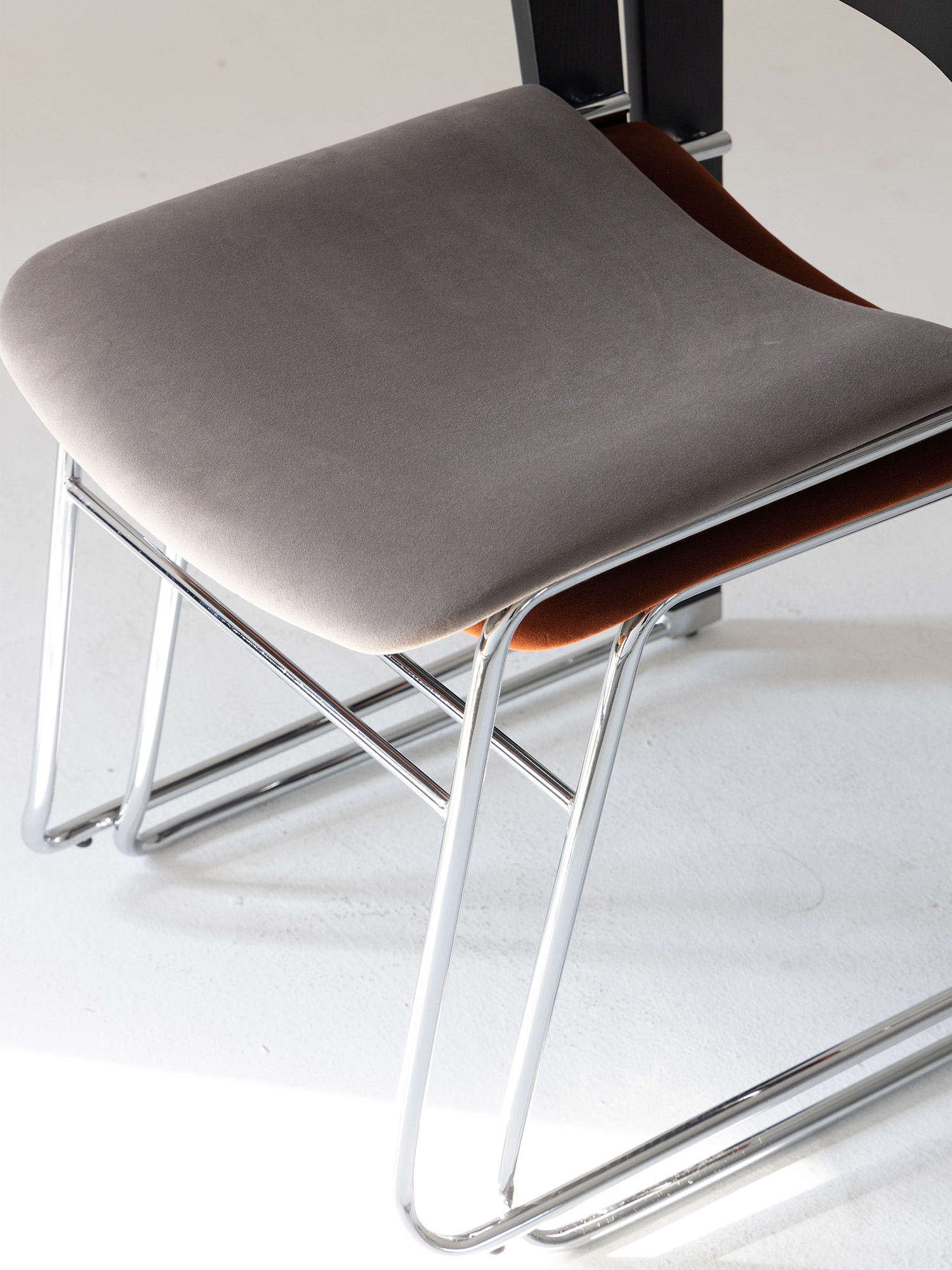 walk slowly chair 16 Walk Slowly Chair grey velvet seat and polished steel base detail