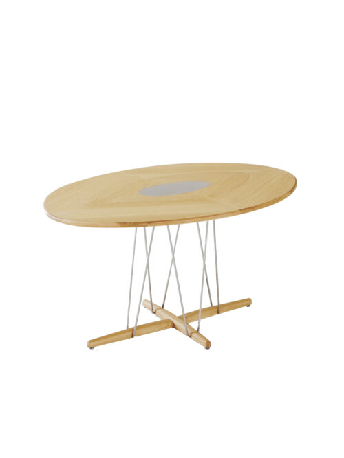 Pebble oak veneer dining table with steel support