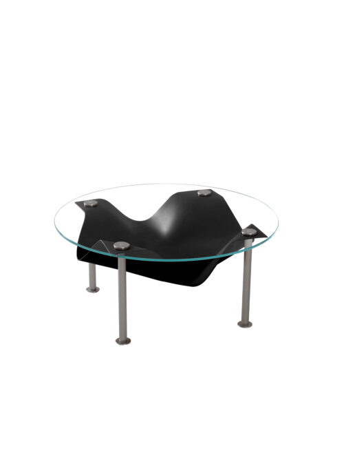Alison glass coffee table with saddle leather shelf