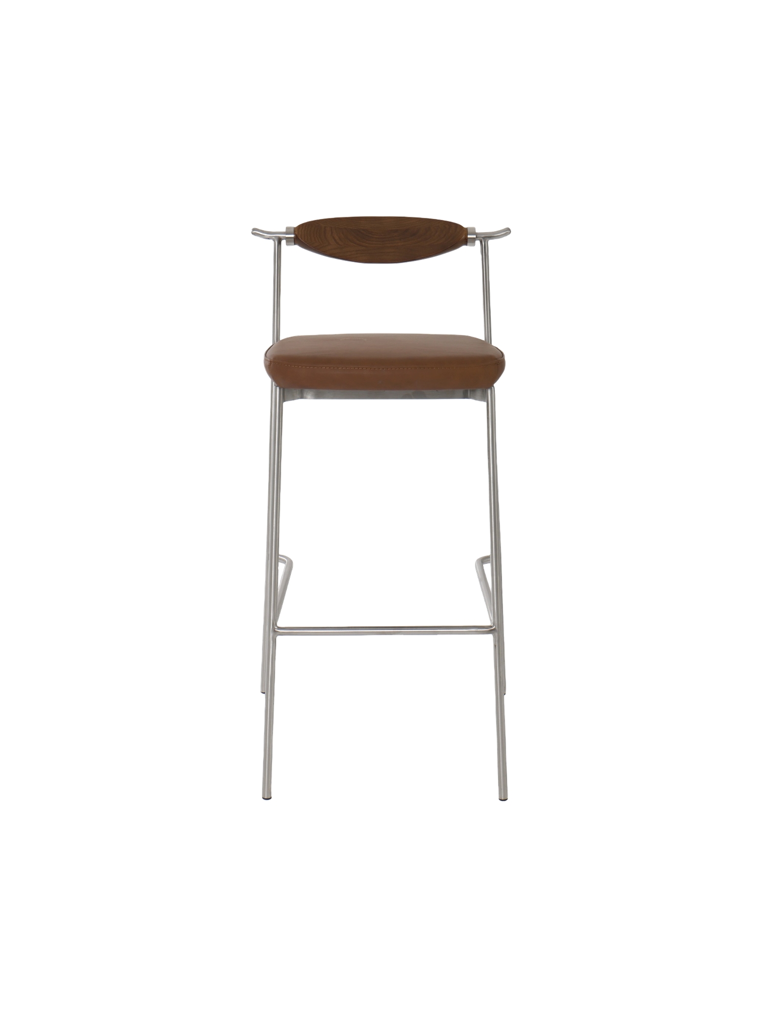 Alison Bar Chair 17 Front product view of Alison Bar Stool with brown leather seat and ash wood backrest