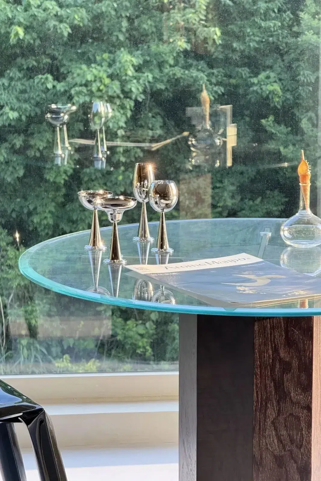 Furniture by the Window 21 Glass tabletop reflecting the trees outside the window